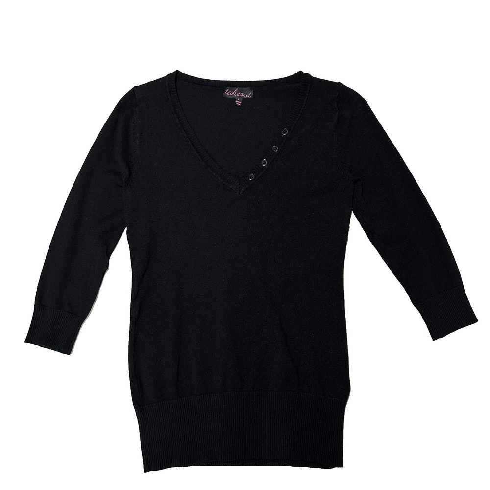 Takeout Womens Black V-Neck Button Accent 3/4 Sleeve Knit Sweater Large